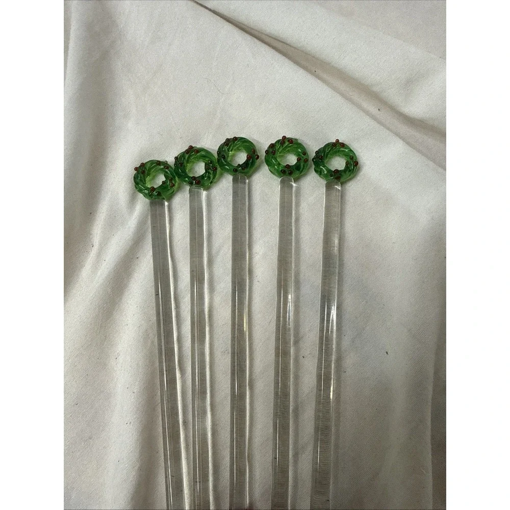 Handblown Holiday Glass Cocktail Drink Stirrers Xmas Wreath 5 Swizzles Bar Vtg